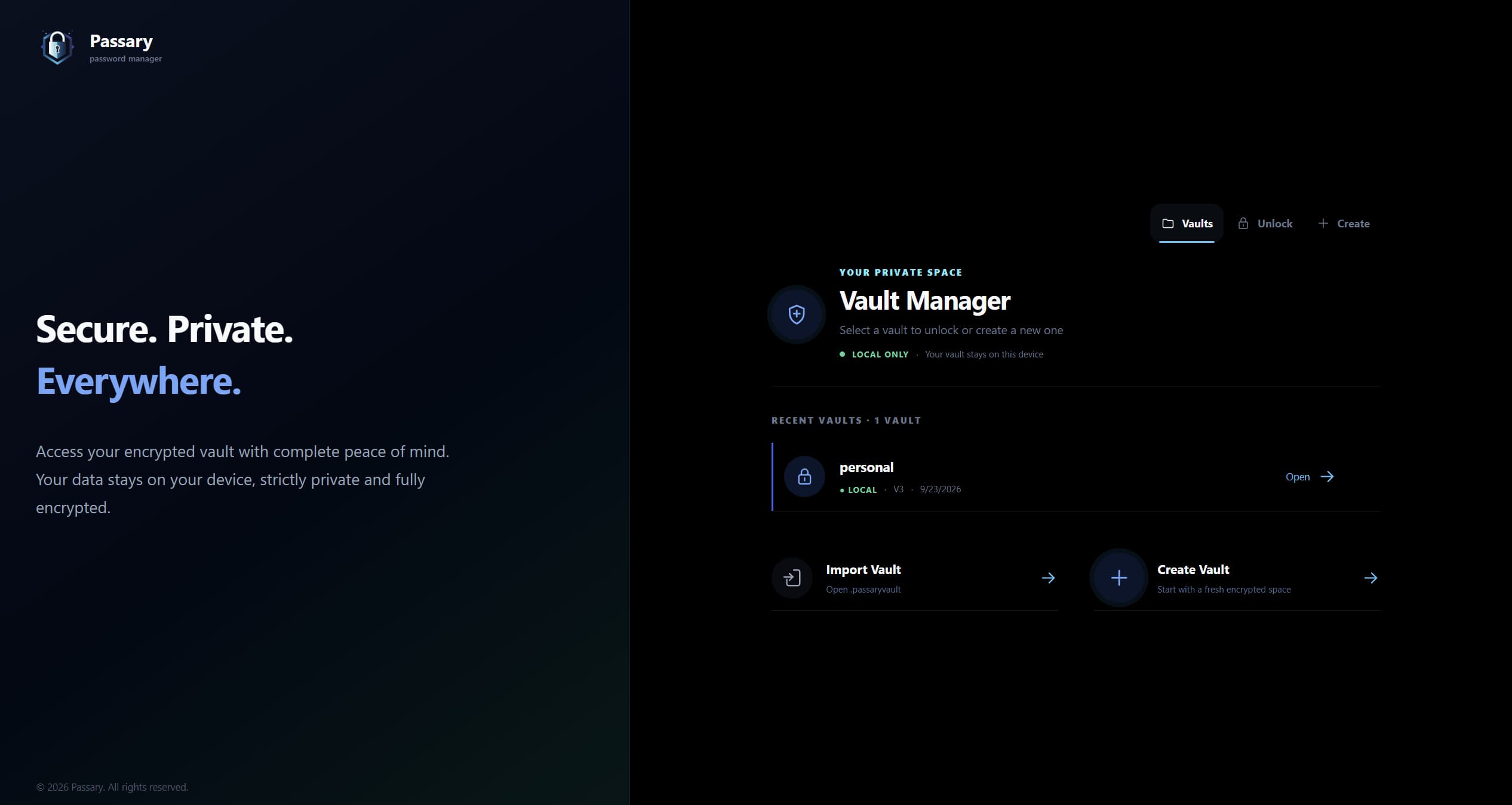 Passary vault manager showing local vaults