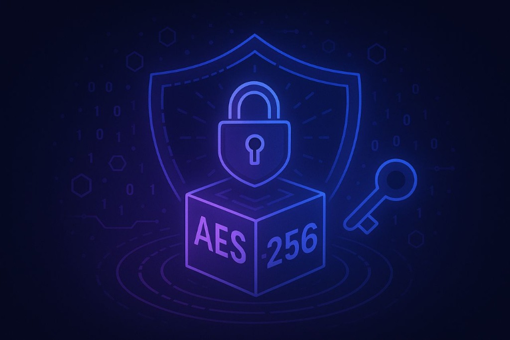 AES-256 encryption visualization with shield and lock icon representing security