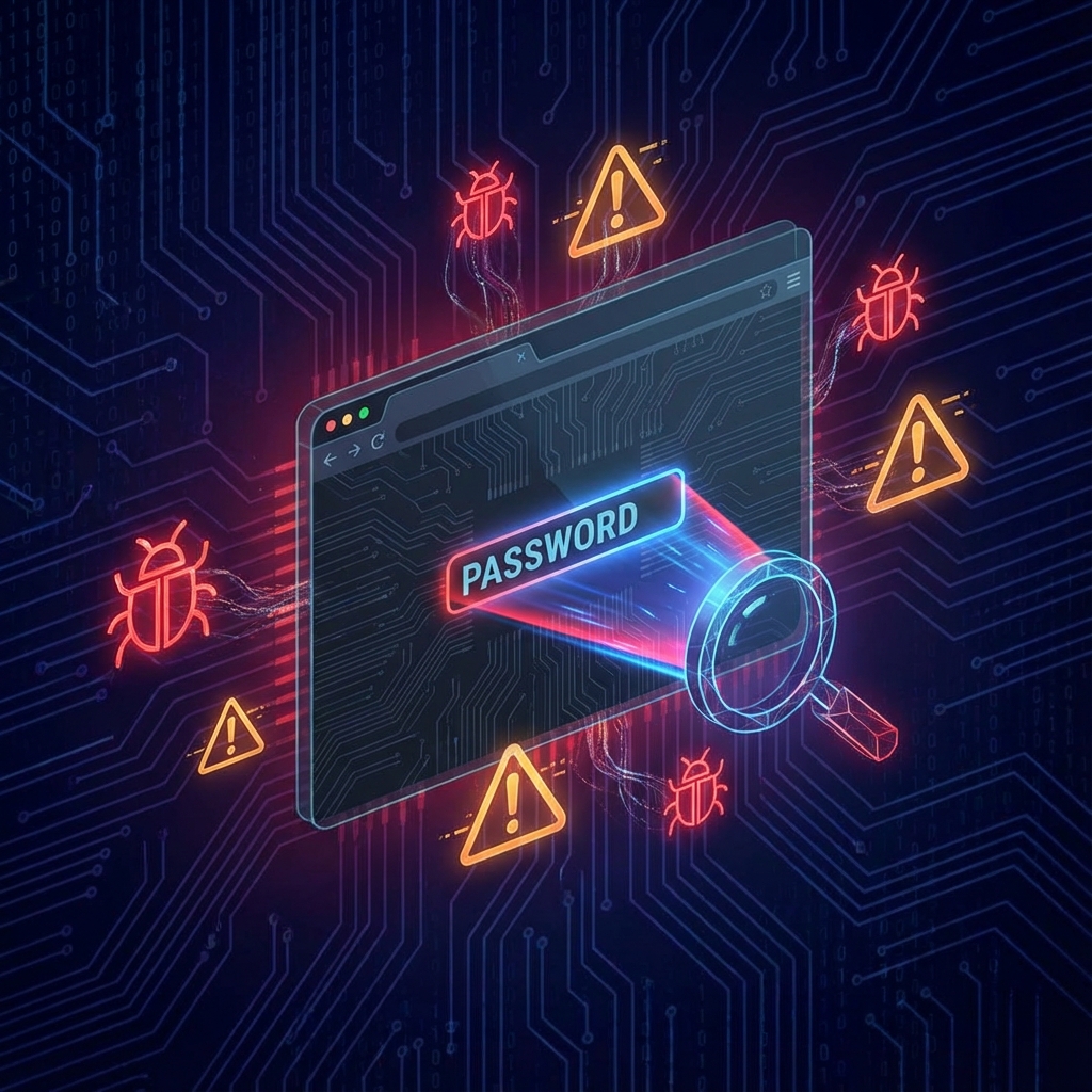 Illustration of browser threats such as extensions and malware targeting a password field
