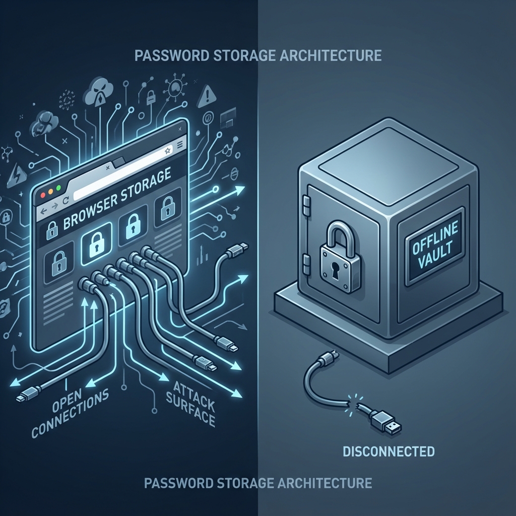 Visual comparison of exposed browser architecture versus isolated vault architecture