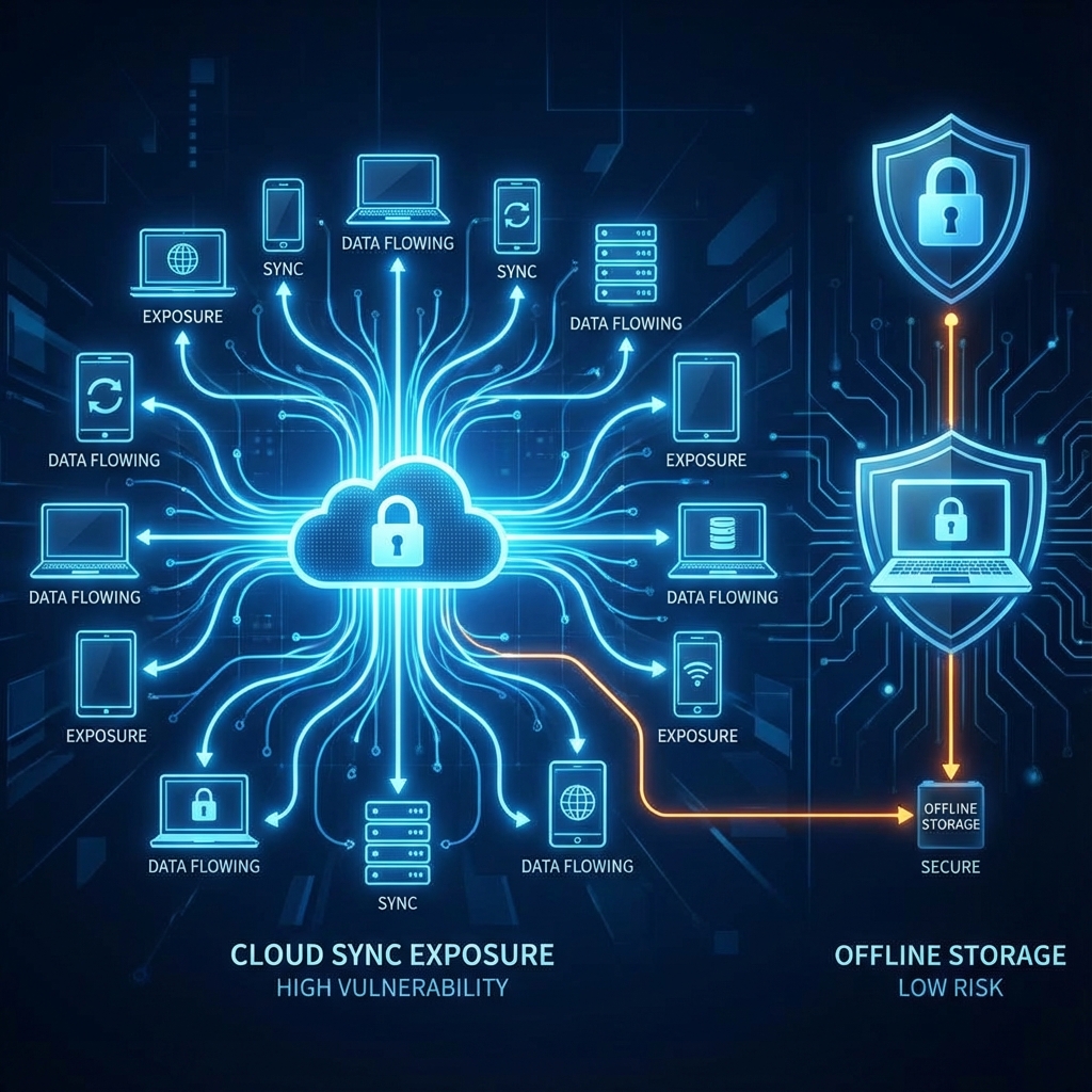 Visualization of how cloud sync spreads data across many endpoints compared to local storage