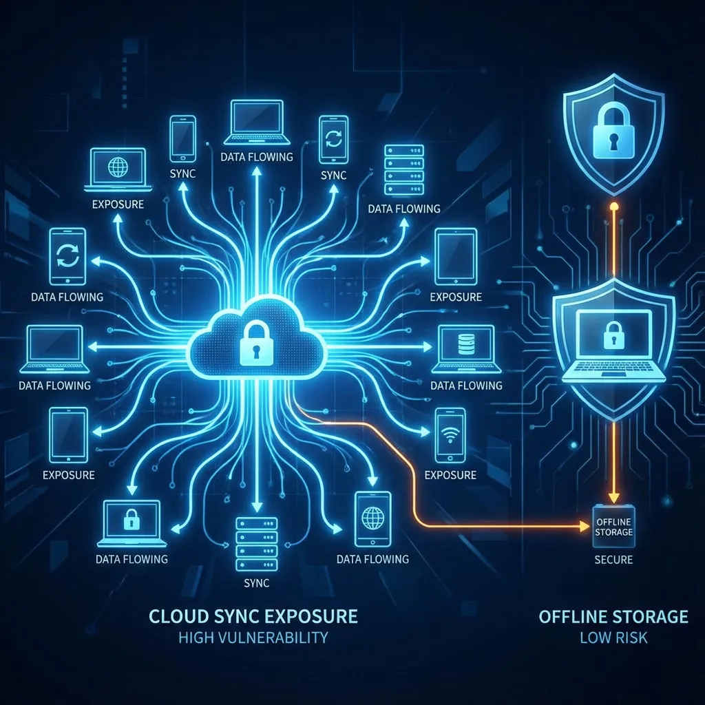Visualization of how cloud sync spreads data across many endpoints compared to local storage