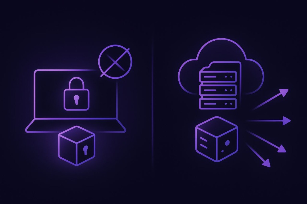 Visual comparison between offline password manager (local storage with no network) and cloud-based password manager (synced to cloud servers)