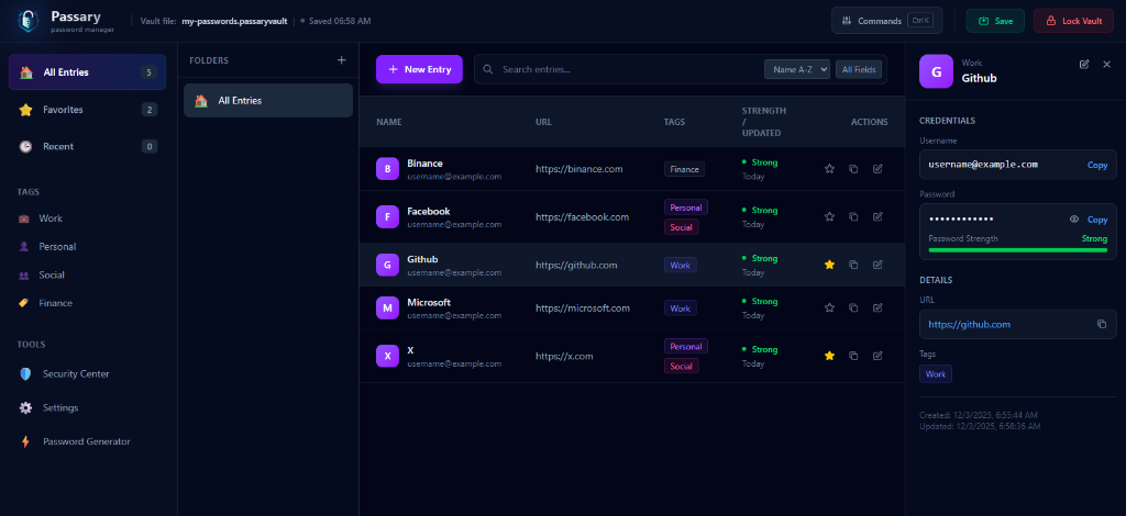 Passary offline password manager interface showing encrypted vault with password entries
