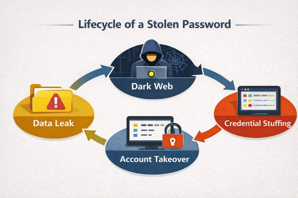 Diagram showing the lifecycle of a stolen password from breach to account takeover